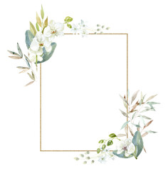 Frame with white Orchid Flowers Watercolor Illustration.