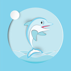 Cute dolphin with sun, and sea waves. Paper cut out style. Vector illustration.