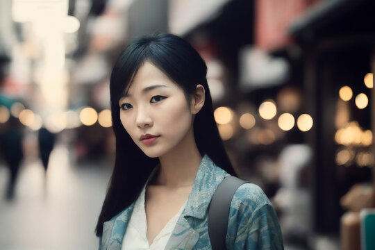 Portrait of Korea travel asian tourist chinese woman walking in shopping market street food alley. Travel concept. Generative AI