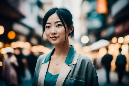 Portrait of Korea travel asian tourist chinese woman walking in shopping market street food alley. Travel concept. Generative AI