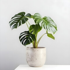 Monstera plant in rustic flowerpot on white background, generative AI.