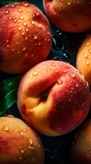 Сlose-up of an peaches with water drops on it as background