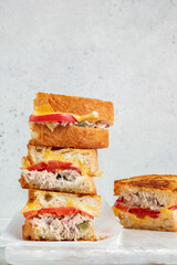 A closeup view of a tuna melt sandwich with cheese and tomato