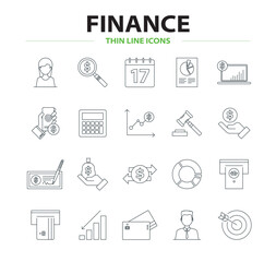 Finance and money thin line icons collection, business icons, money payments elements symbols, editable stroke. Tax, finance, earnings, people, bank, cryptocurrency vector icon.