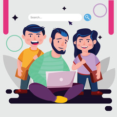 Father Children and laptop computer illustration 