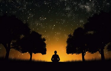 Enigmatic Meditating Figure Under Night Sky Trees (AI Generated).