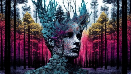 Mysterious portrait of a soul of the autumn forest colorful drawing double exposure