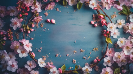 Fototapeta na wymiar delicate blue background of sakura flowers, a variety of weaving branches and delicate flowers of Japanese cherry. Generative AI.