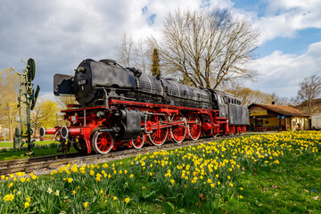 Steam locomotive in Treuchtlingen. The express locomotive 01 220 as a monument in Treuchtlingen. The locomotive is registered as a monument in the Bavarian monument list.