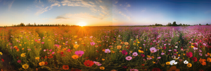 Panoramic view banner of beautiful blooming flower meadow at sunset.
