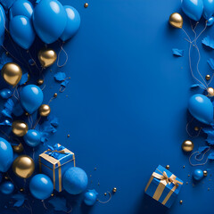 Blue birthday banner decor with balloons and presents, copy space available, created by Generative AI