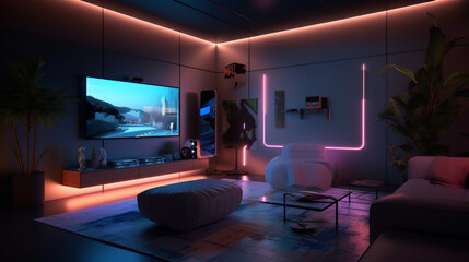 Lounge with a large TV and subtle RGB lighting
