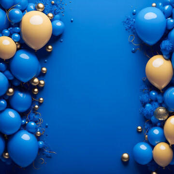 Blue birthday banner decor with balloons, copy space available, created by Generative AI