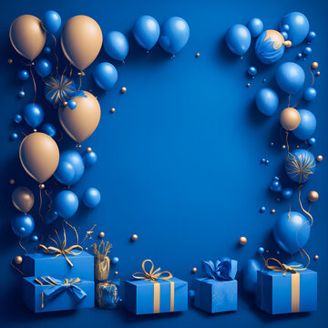 Blue birthday banner decor with balloons and presents, copy space available, created by Generative AI