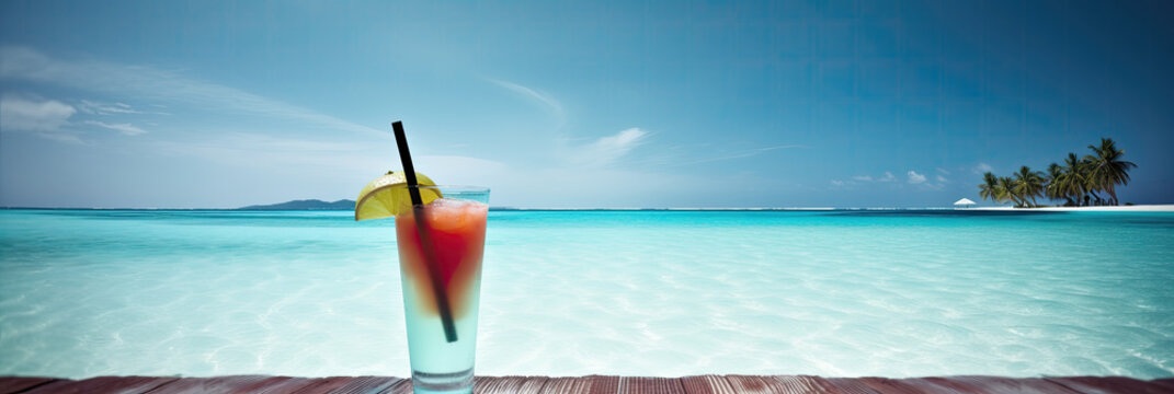 Panorama banner of cold cocktail on an exotic beach  on a sunny day with clear turquise water and blue sunny sky.