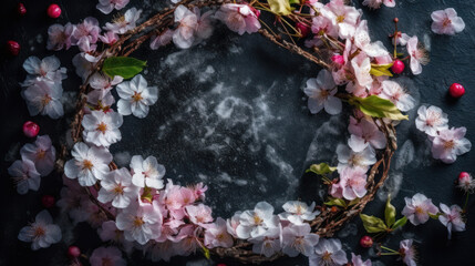 a dark background of sakura flowers, a variety of weaving branches and delicate flowers of Japanese cherry. Generative AI.