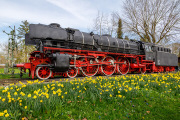 Steam locomotive in Treuchtlingen. The express locomotive 01 220 as a monument in Treuchtlingen. The locomotive is registered as a monument in the Bavarian monument list.