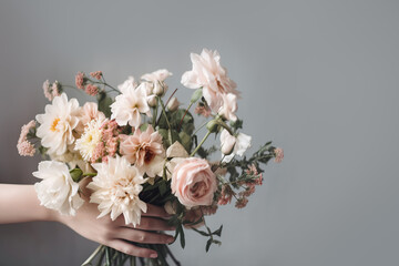 Female hand holds beautiful bouquet of dahlias and chrysanthemums. Mothers day, holiday decor, Flower delivery concept. Generative AI illustration