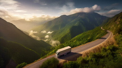 Cargo Truck on Open Highway from Aerial View