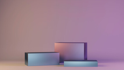 Three metallic cubes with a purple background, 3d render