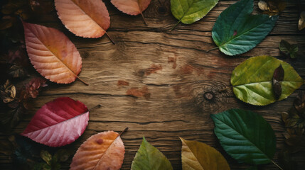 Fototapeta na wymiar autumn background of colored leaves laid out in a circle on a wooden board. Created by AI.
