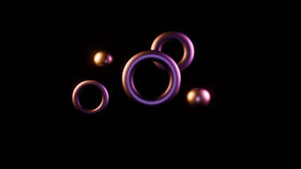 A black background with purple metallic circles and sphere, 3d render