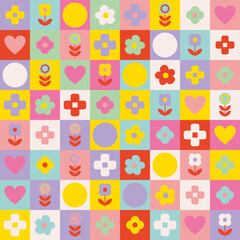 Retro, multicolored floral and geometrical check board seamless repeat pattern. Nostalgic, vector geometrics, hearts and flowers all over surface print.