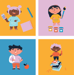 Back to school. Little boy and girl with School supplies. Cartoon flat vector illustration. Funny cartoon kids characters. Happy kids at school banner. 