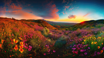 Panoramic view of blooming meadow with wildflowers at sunset