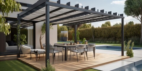 Modern design of home patio deck with garden view - obrazy, fototapety, plakaty