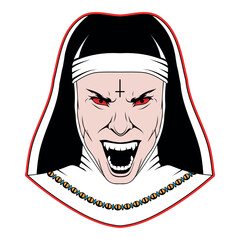 Evil nun. Vector illustration of halloween costume possessed by the demon. Angry holy sister
