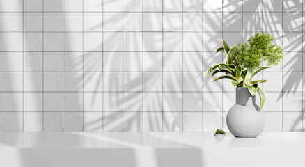 white table illuminated by sunlight with palm leaf shadows, white podium table with vase and leaf plants for cosmetics products design and text background