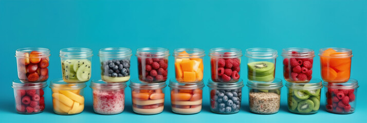 Healthy food selection containers, fresh fruits and berries, on blue background