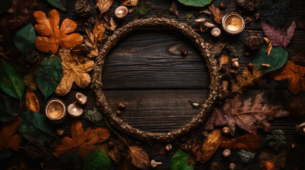 Obraz na płótnie Canvas autumn background from branches, leaves and mushrooms on a wooden board, in the center there is an empty place for a dish. Created by AI.