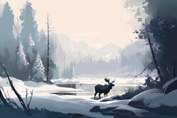 A young moose cow comes out of the forest. Generative AI