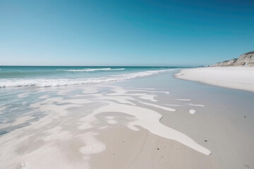 Beautiful white sand beach and ocean waves with clear blue sky background. Generative AI