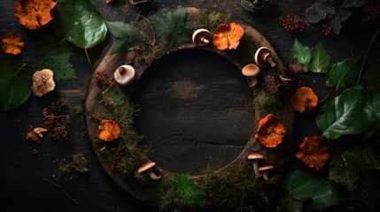 Fototapeta na wymiar autumn background from branches, leaves and mushrooms on a wooden board, in the center there is an empty place for a dish. Created by AI.