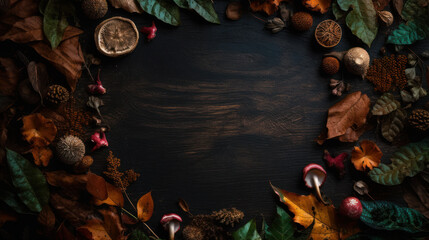 autumn background from branches, leaves and mushrooms on a wooden board, in the center there is an empty place for a dish. Created by AI.