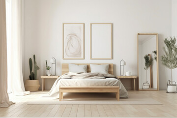 Fototapeta na wymiar Stylish room interior with big comfortable bed. Generative AI