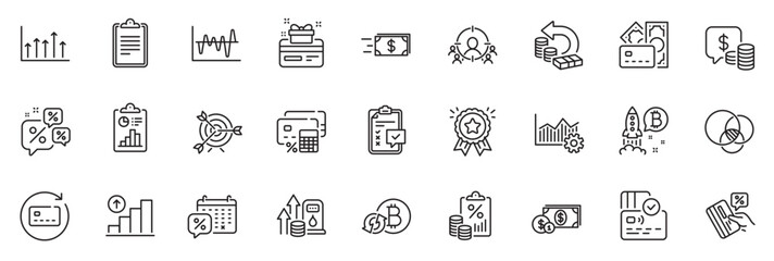Icons pack as Card, Growth chart and Checklist line icons for app include Money, Renew card, Cash back outline thin icon web set. Euler diagram, Loyalty award, Bitcoin project pictogram. Vector