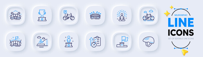 Bicycle parking, Yoga and Success line icons for web app. Pack of Timer, Bike, Sports arena pictogram icons. Boat fishing, Arena stadium, Winner flag signs. Bicycle helmet, Winner cup. Vector