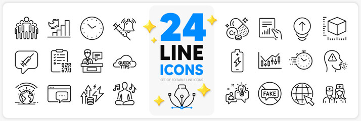 Icons set of Battery charging, Seo message and Qr code line icons pack for app with Group, Time, Quick tips thin outline icon. Fake news, Greenhouse, Exhibitors pictogram. Design with 3d stars. Vector