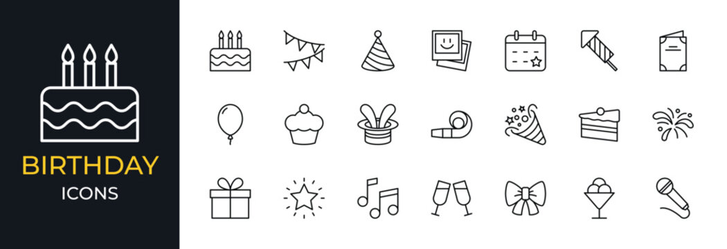 Set of line icons for Birthday. Basic party elements icon illustration