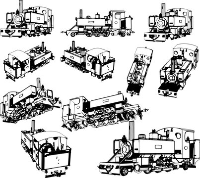 "3D Rendered Vintage Train from Different Sides"
"Old-Fashioned Locomotive Illustration Collection"
"Vintage Steam Engine Sketches from All Angles"