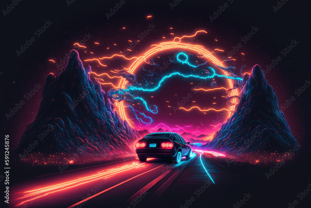 Wall mural the car drives along a deserted road between two mountain hills at night. rear view. stylized neon i