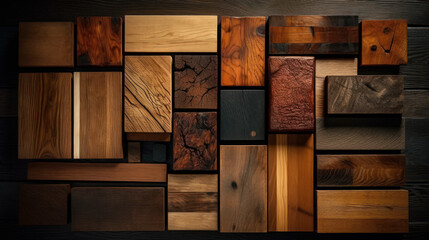 wooden background from different types of wood cubes. Background for subject photography. Created by AI.
