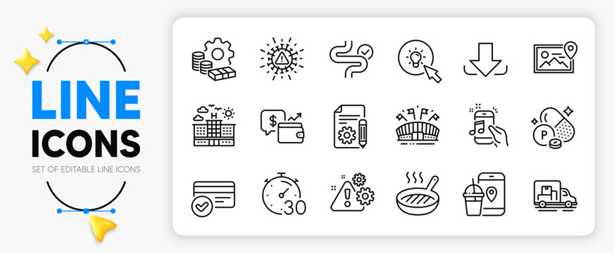 Energy, Digestion and Food app line icons set for app include Sports arena, Hotel, Download outline thin icon. Wallet, Warning, Truck transport pictogram icon. Phosphorus mineral. Vector