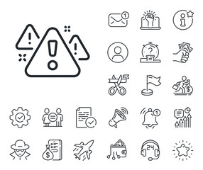 Fototapeta premium Attention triangle sign. Salaryman, gender equality and alert bell outline icons. Warning line icon. Caution alert symbol. Warning line sign. Spy or profile placeholder icon. Vector