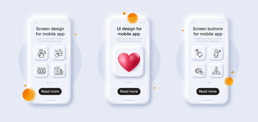 Management, Search puzzle and Group line icons pack. 3d phone mockups with heart. Glass smartphone screen. Passport, Food delivery, Hold heart web icon. Cursor, People vaccination pictogram. Vector