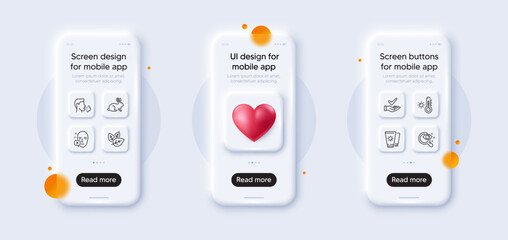 Cough, Face declined and Weather thermometer line icons pack. 3d phone mockups with heart. Glass smartphone screen. Dermatologically tested, Vision test, Animal tested web icon. Vector